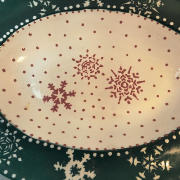 Christmas Snowflake Platter Oval Serving Green White Vintage 2003 Steamboat CO - Picture 2 of 5